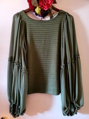 Anthropologie Olive Green Smocked Bodice Blouse with Voluminous Balloon Sleeves